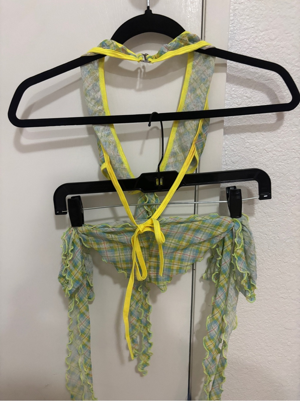 Y2K Plaid Mesh Festival Set Halter Top & bikini bottom yellow green small medium - Picture 2 of 3